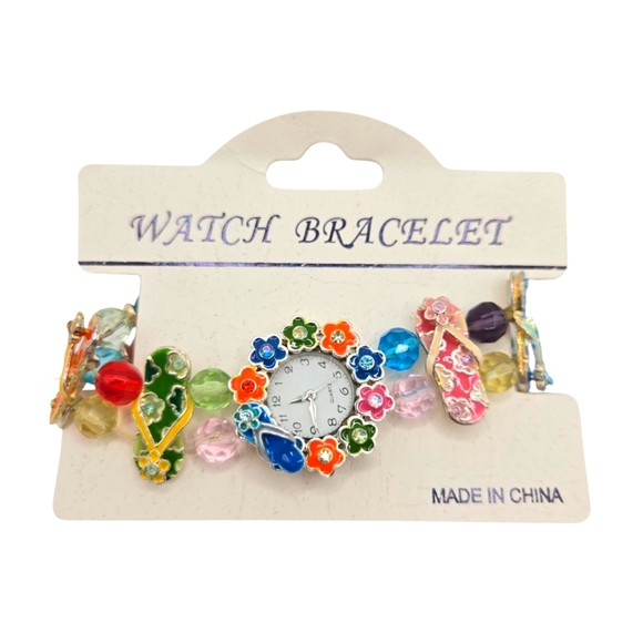 Womens Beachy Colorful Beaded Floral Flip Flop Rhinestone Elastic Bracelet Watch - Picture 6 of 6